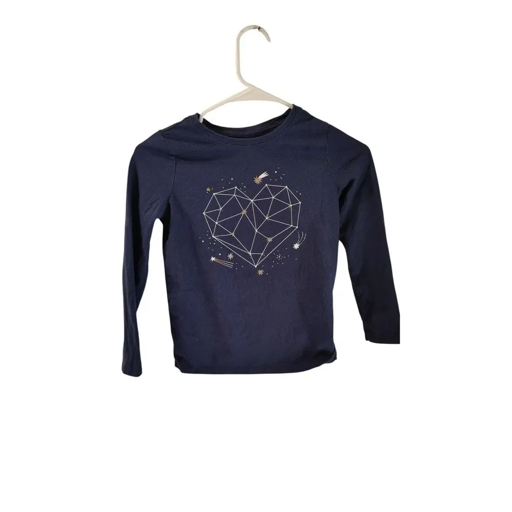 Cat & Jack Kids Girls Medium 7/8 Blue Heart and Star Graphic Long Sleeve T-Shirt